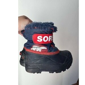 Sorel Snow Commander Toddler 7 Navy Red Snow Boots Bear Graphic Y2K Outdoor